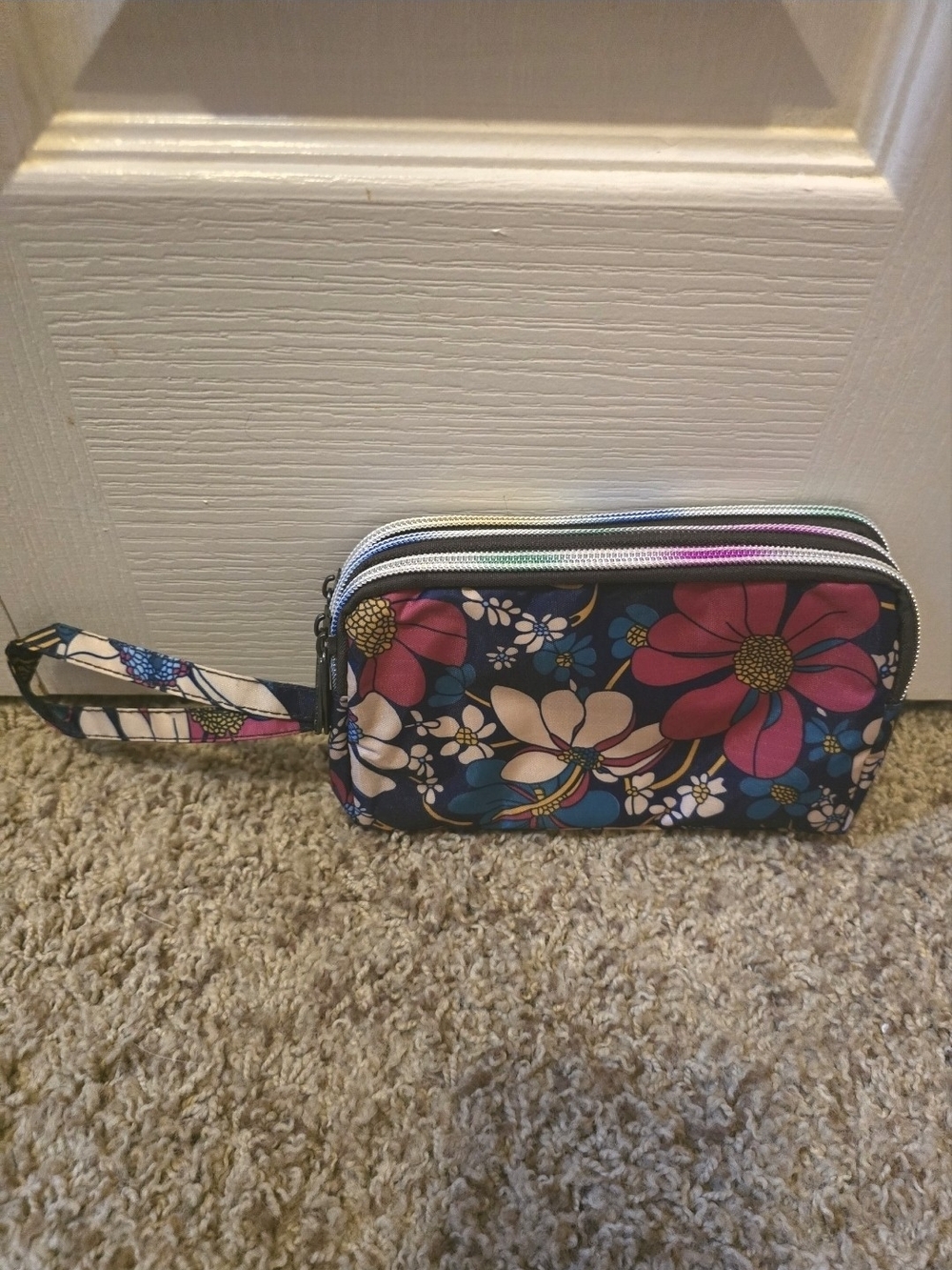 Floral Wristlet Clutch in Navy with Pink and White Flowers-NWOT!